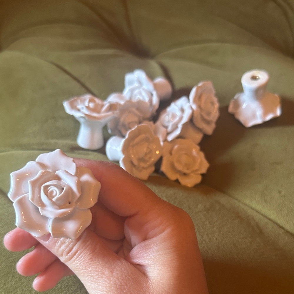 10 White ceramic Rose Shaped Drawer Knobs